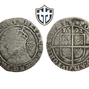 Queen Elizabeth I Tudor silver hammered Sixpence coin circa 1592 AD, metal detecting find, history gift, Vintage