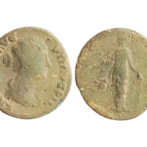 Faustina II Roman dupondius coin circa 145-146 AD, British museum recorded, metal detecting find, history gift, Vintage