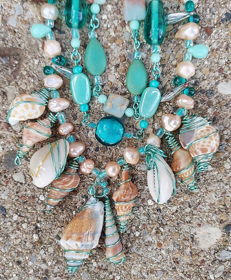 Beach Theme Necklace, Multi Strand Shell, Pearl, and Stone Statement ...