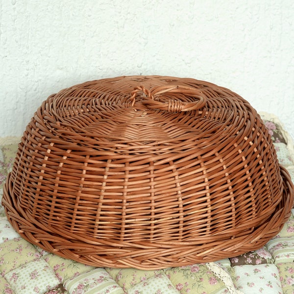 Large Wicker Plate with Lid, Bread Plate with Lid, Round Wicker Tray, Cake Tray with Lid, Rustic Decor, Natural Wicker Dome Buffet Dome