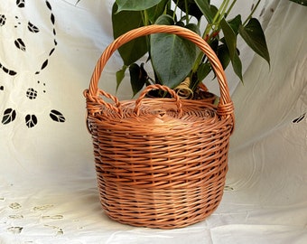 Short Wicker Basket with Lid, Birkin Style Basket Short, Round Lidded Basket, Jane Birkin Style Basket, Basket Purse, Birkin Basket Size M