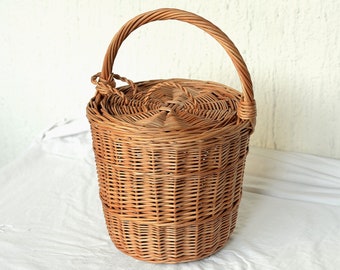 Birkin Basket Medium Size, Medium Birkin Basket, Round Wicker Basket with Lid, Medium Round Willow Basket, Round Basket Medium Purse Basket