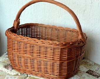 Handmade Willow Basket, Woven Wicker Basket, Gathering Basket, Woven Picnic Basket, Rectangular Basket, Grocery Wicker Basket with Handle