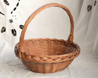 Round Wicker Basket, Shallow Basket, Medium Gift Basket, Round Display Basket, Flower Girl Basket, High Handle Handwoven Wedding Basket