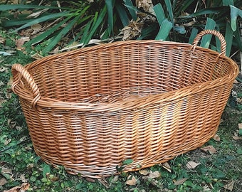 Shallow Laundry Basket, Handwoven Storage Basket, Oval Laundry Basket, Large Shallow Basket with Handles, Willow Laundry Hamper Basket