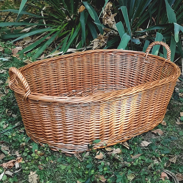 Shallow Laundry Basket, Handwoven Storage Basket, Oval Laundry Basket, Large Shallow Basket with Handles, Willow Laundry Hamper Basket