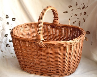 Large Oval Basket, Large Wicker Basket, Handwoven Basket, Rustic Willow Basket Large Picnic Basket, Oval Basket with Handle, Woven Basket