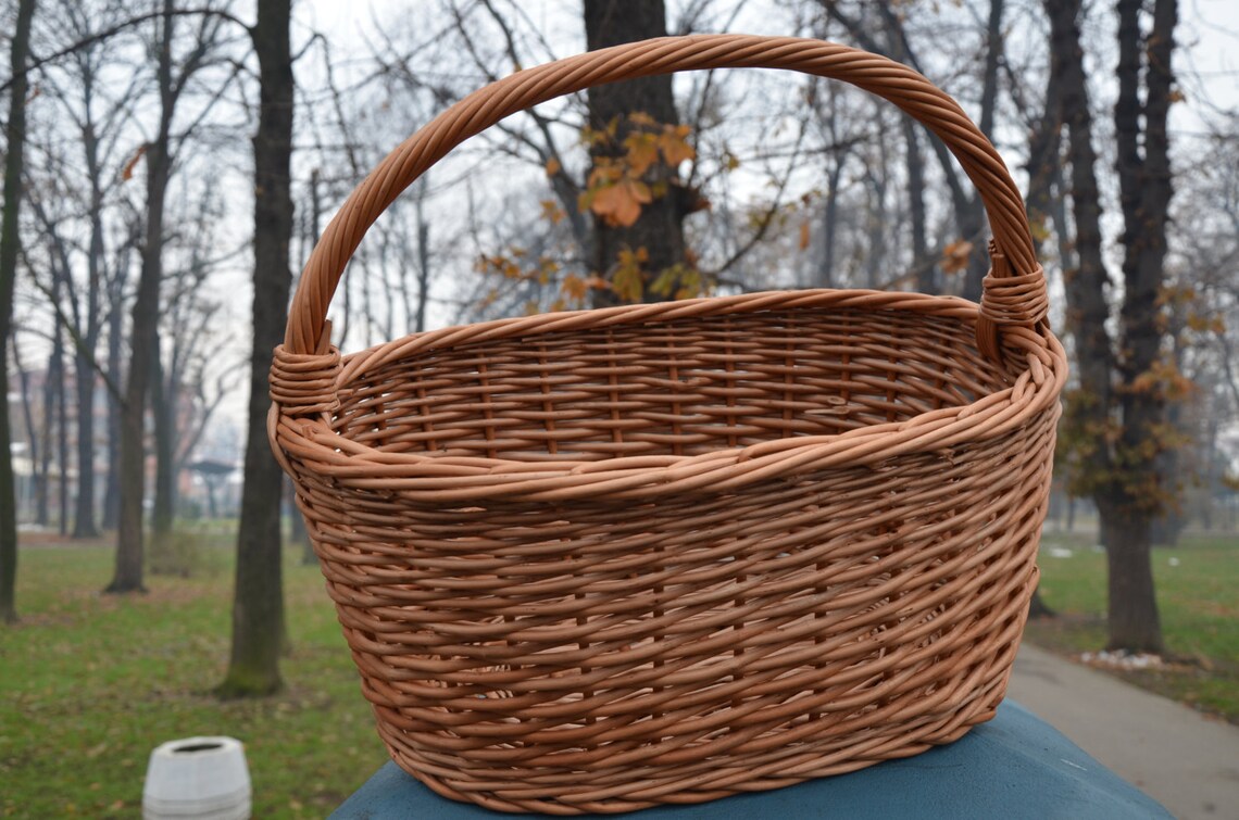 Wicker Basket With Handle Oval Wicker Basket Handmade Willow Etsy