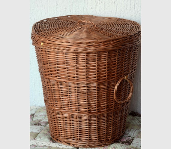 Panier de rangement avec couvercle, panier à linge en osier, panier à linge  en saule fait à la main avec couvercle, panier en osier rond, panier à linge  en osier 