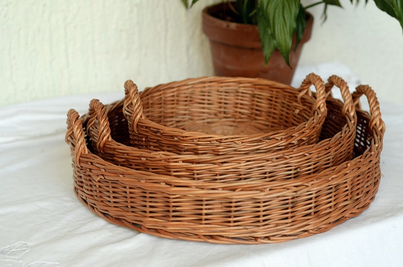 Round Tray Set of 3 Set of Basket Trays Round Wicker Tray Etsy