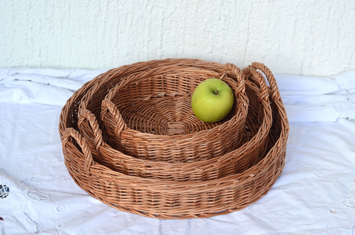 Round Tray Round Basket Tray Round Wicker Tray Handled Etsy