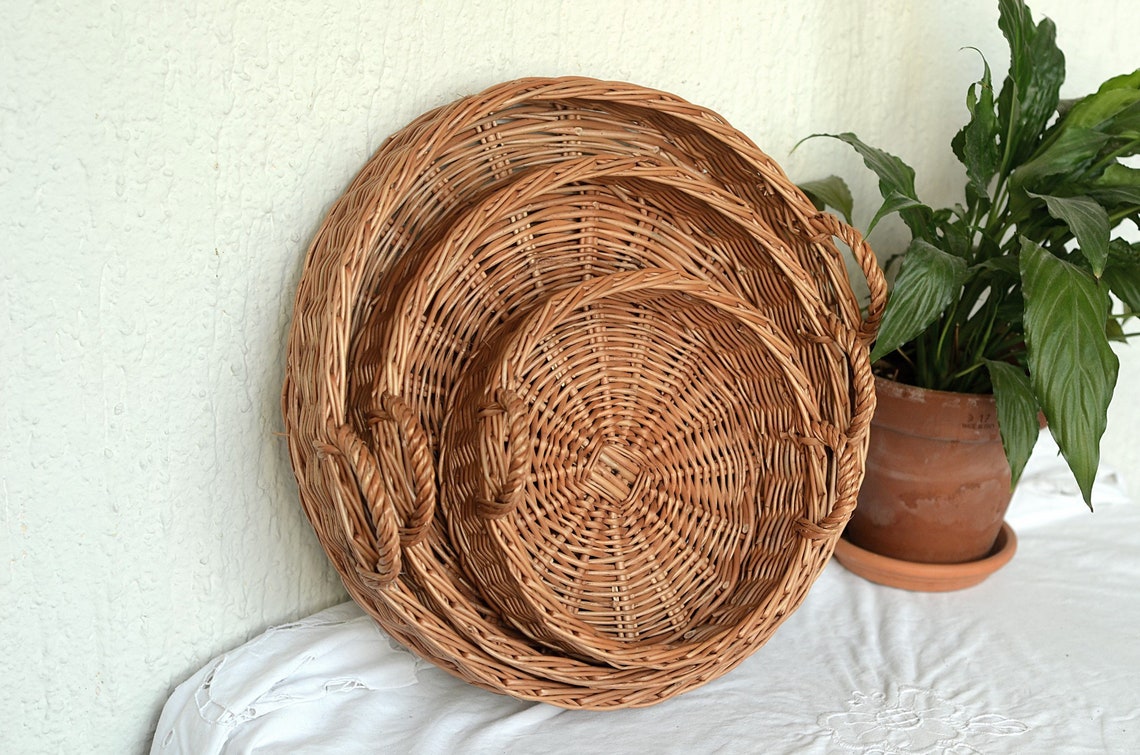 Round Tray Round Basket Tray Round Wicker Tray Handled Etsy