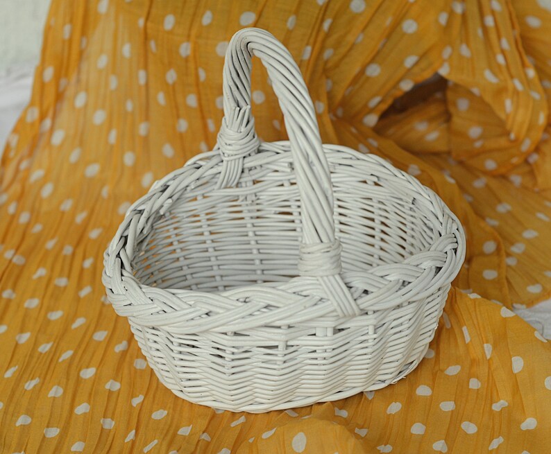 White Flower Girl Basket Handwoven Kids Wicker Basket Easter Etsy