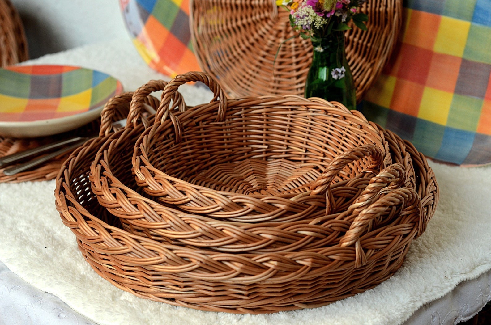 Round Tray Set of 3 Round Basket Tray Round Wicker Tray Etsy