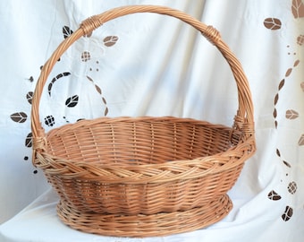 Gathering Wicker Basket, High Handle Round Basket, Elegant Large Basket, Flower Basket, Display Basket, Round Gift Basket, Shallow Basket