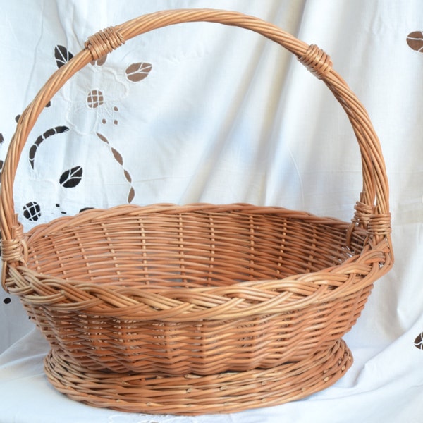 Gathering Wicker Basket, High Handle Round Basket, Elegant Large Basket, Flower Basket, Display Basket, Round Gift Basket, Shallow Basket