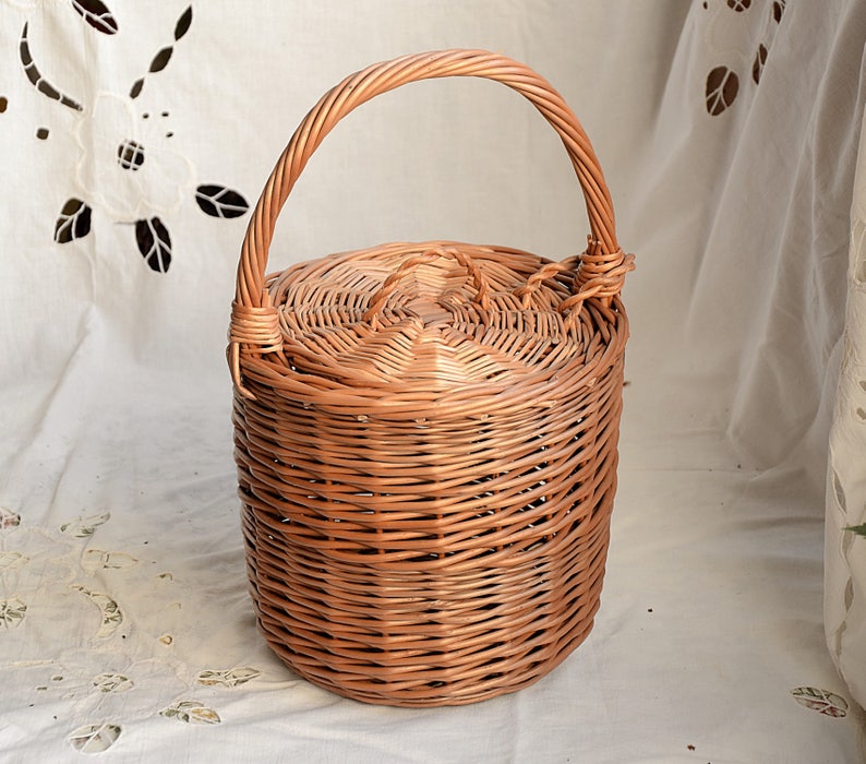 Jane Birkin Basket, Birkin Basket M, Round Wicker Basket with Lid, Medium Round Willow Basket, Round Basket Medium Basket Purse Basket Bag image 2