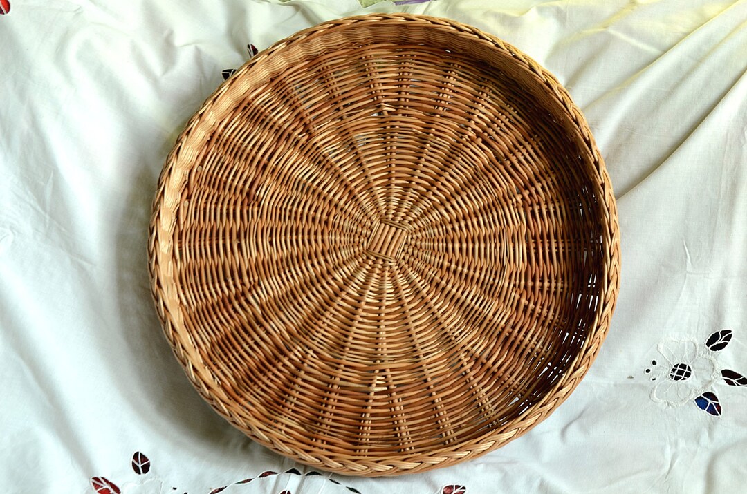 Large Round Wicker Tray, Rustic Ottoman Basket Tray Large Round Tray