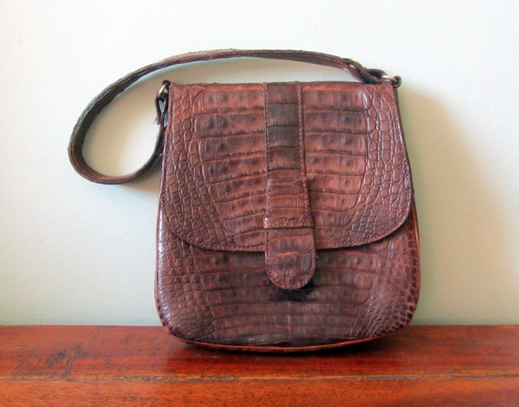 Vintage 50s 60s leather handbag, tan reptile skin… - image 1