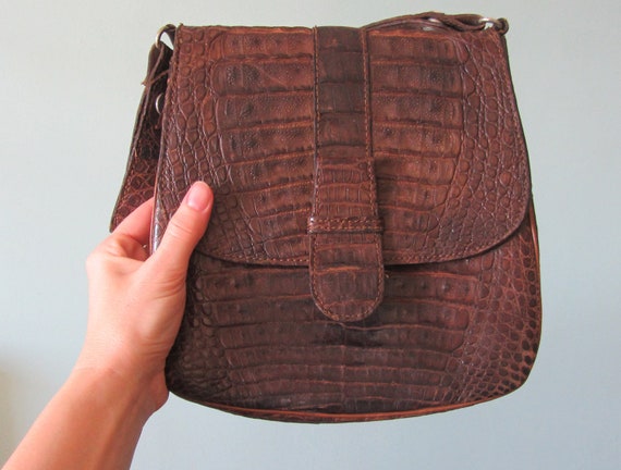 Vintage 50s 60s leather handbag, tan reptile skin… - image 3