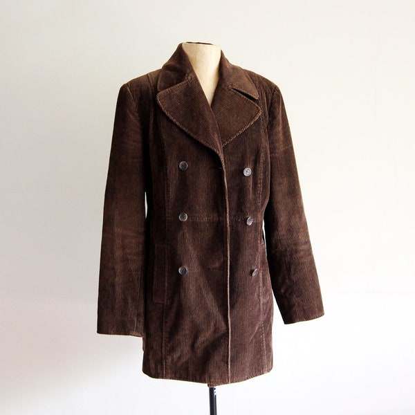 Vintage 90s corduroy coat, Hennes double breasted coat for women, oversized cotton brown jacket, boyfriend style retro fashion, fall winter.