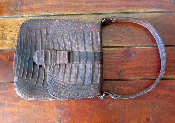 Vintage 50s 60s leather handbag, tan reptile skin… - image 4