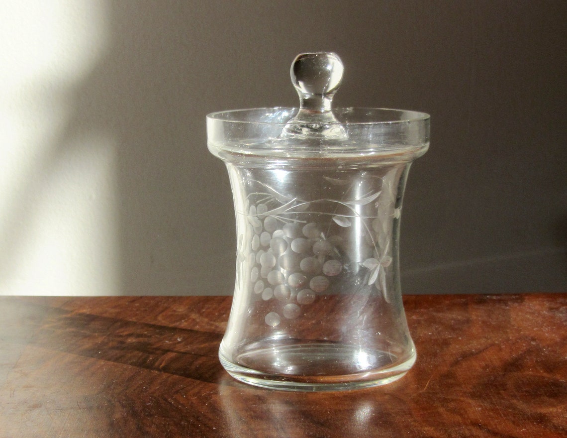 Vintage Etched Glass Sugar Bowl With Lid Small Decorative Etsy