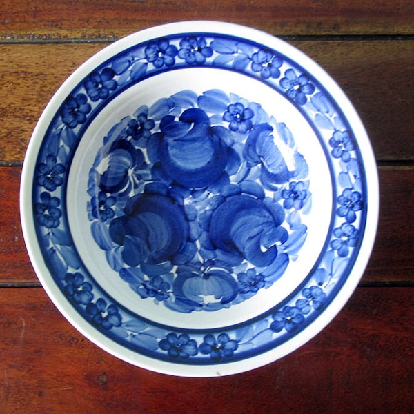 Polish Wloclawek vintage decorative ceramic bowl, wall hanging, floral hand painted pottery, blue white crockery large soup bowl, retro gift