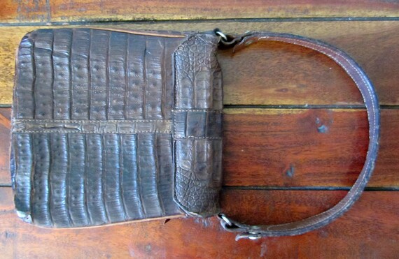 Vintage 50s 60s leather handbag, tan reptile skin… - image 5