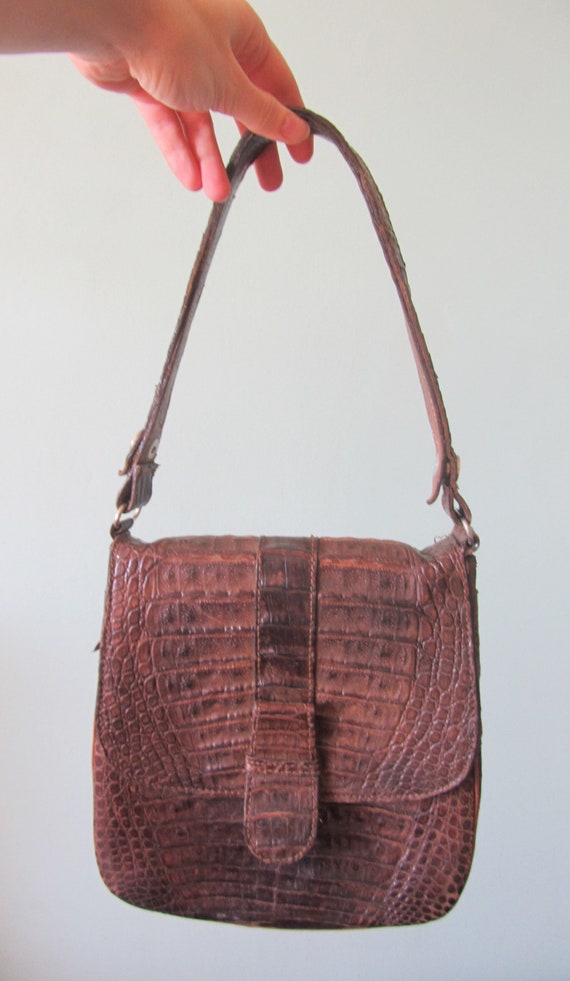 Vintage 50s 60s leather handbag, tan reptile skin… - image 2