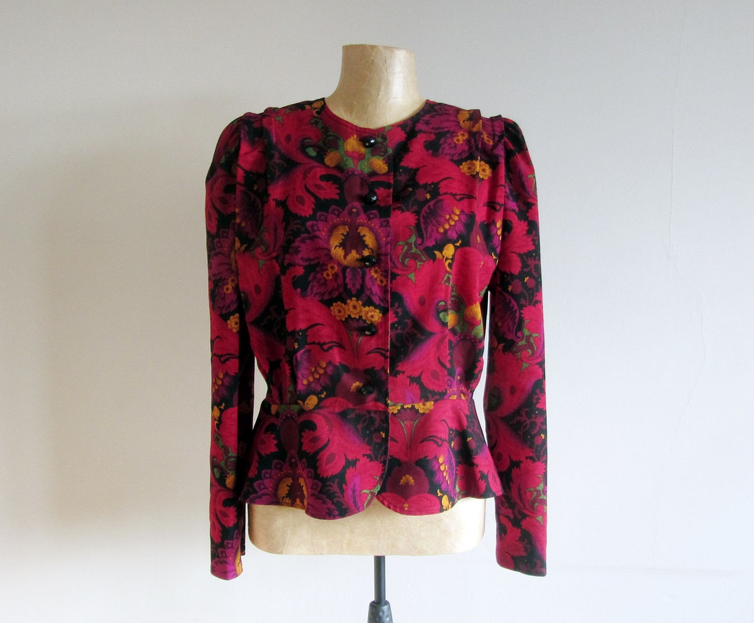 80s Vintage Floral Blouse With Peplum and Long Sleeves - Etsy