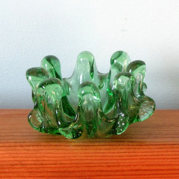 Vintage hand blown glass candle holder / tealight holder / mini ashtray / rings dish, unique handmade OOAK green glass ornament, gift idea.