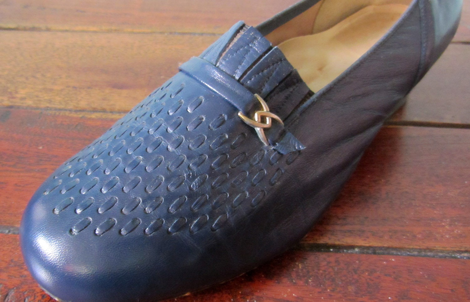 Vintage 60s 70s Navy Blue Natural Leather Block Heel Shoes - Etsy