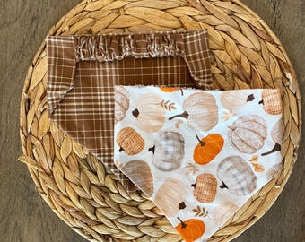 May include: Two pet bandanas. One is brown plaid, the other is white with orange, brown, and gray pumpkins. The bandanas are on a round, woven, brown placemat. The bandanas are likely for a dog or cat.