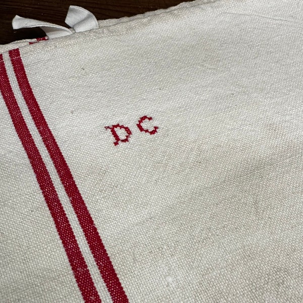 French Vintage Torchon Tea Towel Napkin Red Ticking Stripe DC Monogram