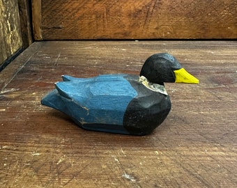 Carved Wooden Duck Mini Decoy Blue Black Yellow 1135