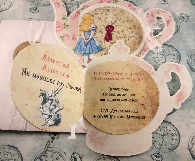 Faire-part Alice in wonderland, Alice au pays des merveilles avec enveloppe image 2