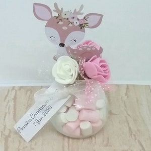 Lot de 5 contenants a dragées thème faon, biche, bambi , foret, en verre, bouchon en liège
