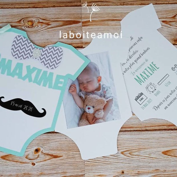 Faire-part naissance ou baptême body garçon et moustache, couleurs personnalisées