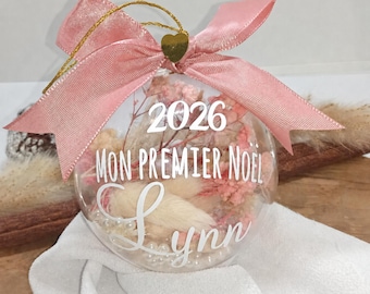 Boule de Noël personnalisée avec fleurs séchées " Mon 1er noël" texte en blanc ou or - 8cm