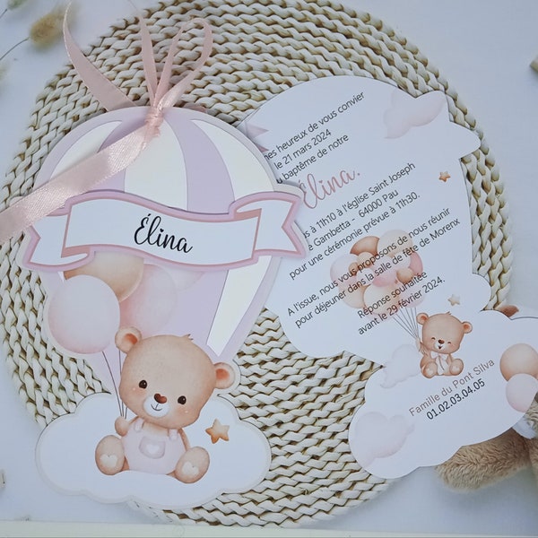 Faire-part sur le thème ourson et sa montgolfière en rose ou bleu avec le prénom, la photo de votre bébé et votre texte personnalisé