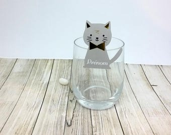 Marque-place sur verre thème chat personnalisé avec le prénom de vos invités