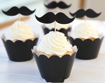 Lot de 12 décorations pour cupcake (6 habillages à petit gateau + 6 toppers en forme de moustache monté sur pic)