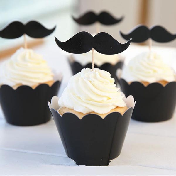 Lot de 12 décorations pour cupcake (6 habillages à petit gateau + 6 toppers en forme de moustache monté sur pic)