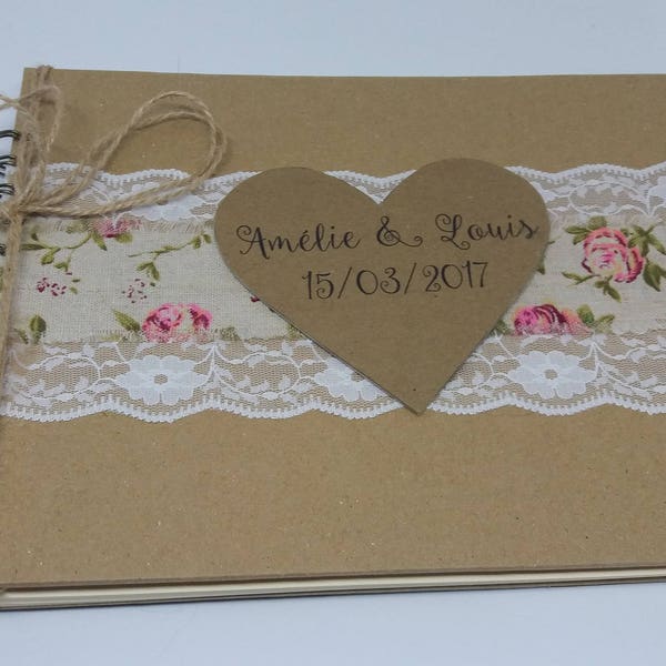 Livre d'or vintage personnalisable en kraft, jute, dentelle pour une décoration de mariage champêtre