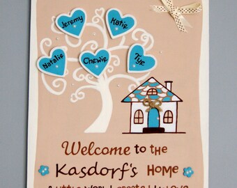 New Home. Housewarming gift. Family Plaque.Welcome to our home Sign. Personalised Present.Handmade sign with family names.Family tree Plaque