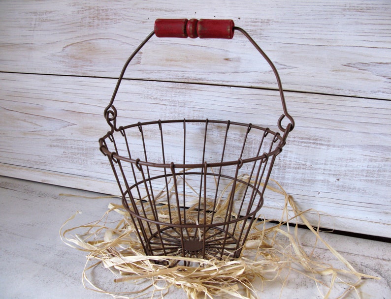 Egg Basket Brown Wire Egg Basket with Red Wood Handle Etsy