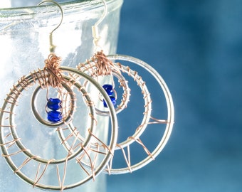 Wire wrapped earrings / silver hoop earrings / blue bead earrings