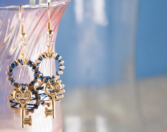 Wire wrapped earrings / Brass earrings / heart-shaped key charms / gear earrings / blue and gold earrings