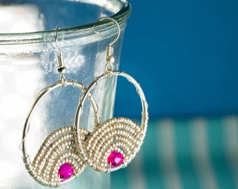 Wire wrapped earrings / beaded hoop earrings / silver and hot pink earrings / hot pink beaded earrings